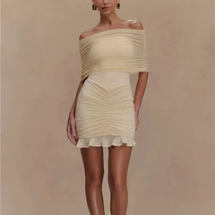 Hazel - Beige Mesh Off Shoulder Ruffled Dress