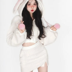 Kawaii Fluffy Rabbit Outfit Set - Hoodie & Skirt
