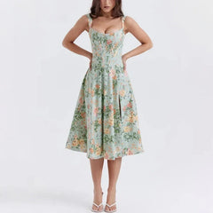 Valencia - Green Floral Print Lace Up A-Line Dress