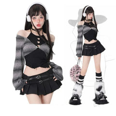 Y2K Kawaii Outfit Set - Short Skirt & Cardigan