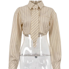 Berlin - Beige Pinstripe Crop Top With Tie