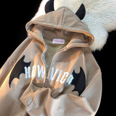 Devil Horns Embroidered Zipper Hoodie