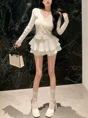 Korean Casual Slim Outfit Set - Cardigan & Mini Skirt