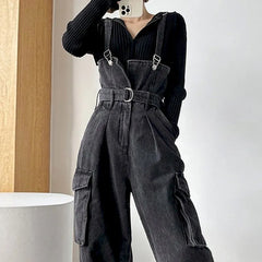 Black Denim Wide Overalls