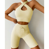 Seamless Gym Yoga Set Cross Front Straps Sport Bra & Shorts for Women