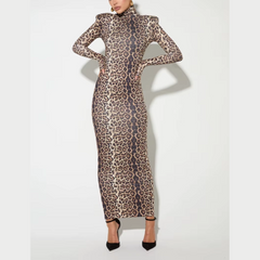 Allegra - Leopard Print Turtleneck Bodycon Maxi Dress