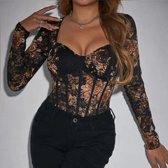 Aviana - Black Floral Print Lace Corset Style Bodysuit