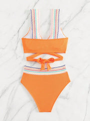 COLORFUL WAVY RIBBED BIKINI SET - ORANGE