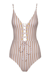 Striped Plunge Lace-Up One Piece Swimsuit