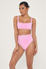 Hot Pink High Waist Bikini Bottom With Diamante Belt