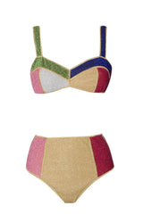 Multicoloured Shimmer Color-Block Velvet Bustier Bikini Top