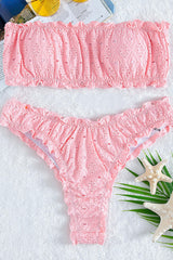 Pink Eyelet Embroidered Ruched Bandeau Bikini Top