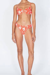 Salmon Floral Ruched High Waisted Bikini Bottom
