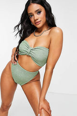 Crinkle Knot Bandeau High Waist Bikini Set - Black/Neon Green/Yellow/Green/Pink