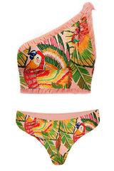 Macaw Leaves Print One Shoulder High Waisted Bikini Set