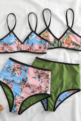 Floral & Pineapple Print V-Neck Reversible High-Waist Bikini Set