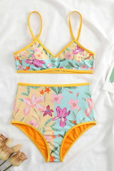 Orange Floral & Island Print V-Neck Reversible High-Waist Bikini Set