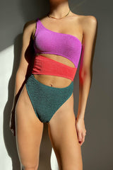 Crinkle Color Blocked One-Shoulder Cutout One Piece Swimsuit - Ultraviolet & Multi