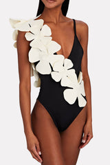 White Petals V-Neck One Piece Swimsuit