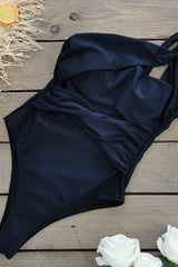 Black One Shoulder Twist-Front Cut-Out One-Piece Swimsuit