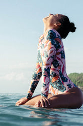 Floral & Leaves Print Long Sleeve One Piece Swimsuit