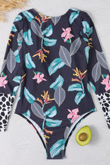 Floral Marble Print Contrasted Long Sleeve One Piece Swimsuit