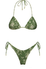 Green Floral Crinkle Halter Tie Side Bikini Set