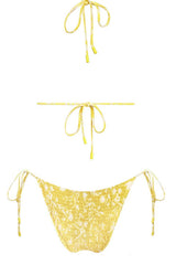 Yellow Floral Crinkle Halter Tie Side Bikini Set