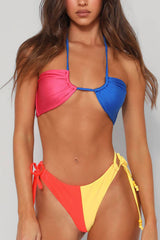 Colorblock Halterneck Lace Up Bikini Set