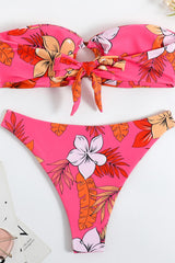 Strapless Bandeau High Cut Bikini Set With Tortoise Shell O-Ring Detail - Pink Floral