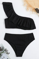 Wave Textured Ruffle One Shoulder High-Waisted Bikini Set
