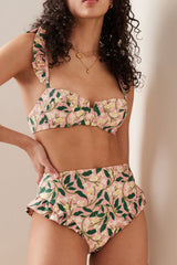Ruffled Floral-Print Underwire High-Wasit Bikini Set - Green And White Flowers