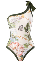 Floral Printed Asymmetrical Bow-Tie Shoulder One Piece Swimsuit