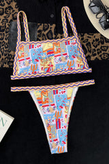 Printed Scoop Neck Bralette Tanga Bikini Set