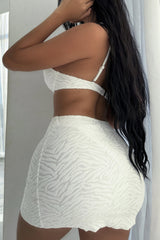 White Textured V-Wire Balconette High-Cut Bikini Set With Short Beach Skirt