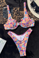 Tie-Dye Floral Print Underwire Balconette High-Cut Bikini Set