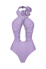 3D Flower Cutout Ruffled Halter One-Piece Swimsuit