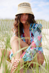 Blue Floral Printed Cut-Out Plunge Tulle Long Sleeve One-Piece Swimsuit