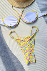 Halter-Neck Bralette V Wire Bralette Tanga Scrunch Back Bikini Set - Yellow Flowers