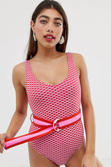 White Pink Contrast Belted One Piece Swimsuit