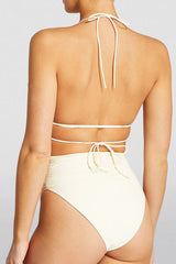 Rose Applique Wrap Tie Halterneck Triangle High-Wasited Bikini Set