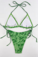 Green Ripped Triangle Halter Tie Side Bikini Set