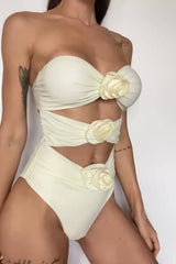 Rose Applique Strapless Cut-Out One Piece Swimsuit