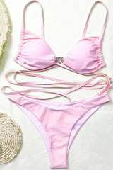 Heart Embellished Crossover Wrap Around High Cut Bikini Set - Pink