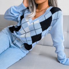 Lunetta - Blue Argyle Knitted V-Neck Sweater Top