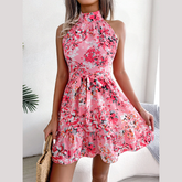 Ladonna - Pink Floral Halter Neck A-Line Dress