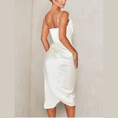 Tammy - White Satin Draped Split Midi Dress