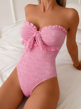 Crinkle Knot Front Ruffled Strapless One Piece Swimsuit - Baby Pink