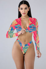 Colorblock Crew Neck Long Sleeve Crop Crisscross Strappy Surf Set