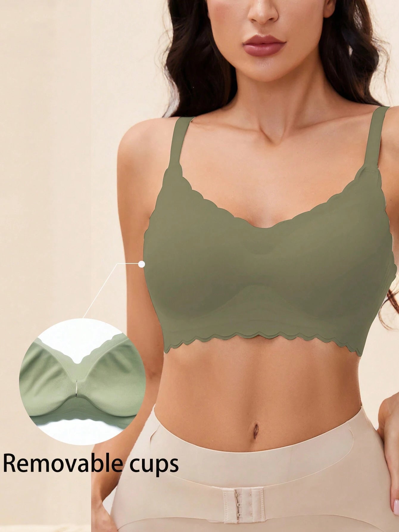 Solid Seamless Scallop Trim Bralette Green